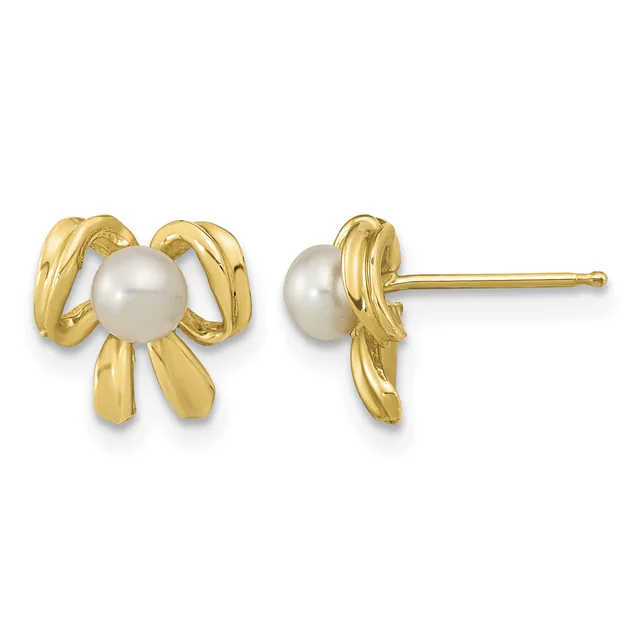 Pair of gold stud earrings featuring white pearl centers surrounded by curved gold ribbon-like bands, shown from front and side views.