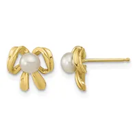 Pair of gold stud earrings featuring white pearl centers surrounded by curved gold ribbon-like bands, shown from front and side views.