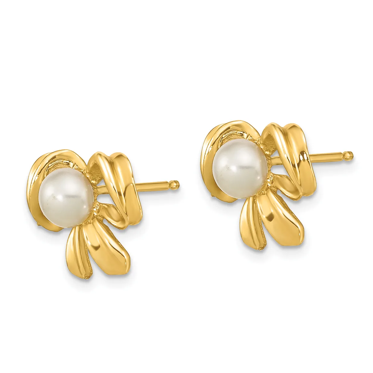 A pair of gold stud earrings with pearl centers surrounded by decorative bow-shaped gold settings.