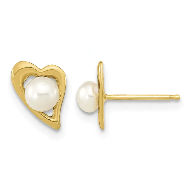 A pair of gold heart-shaped stud earrings, each featuring a white pearl at the center, shown from front and side views.