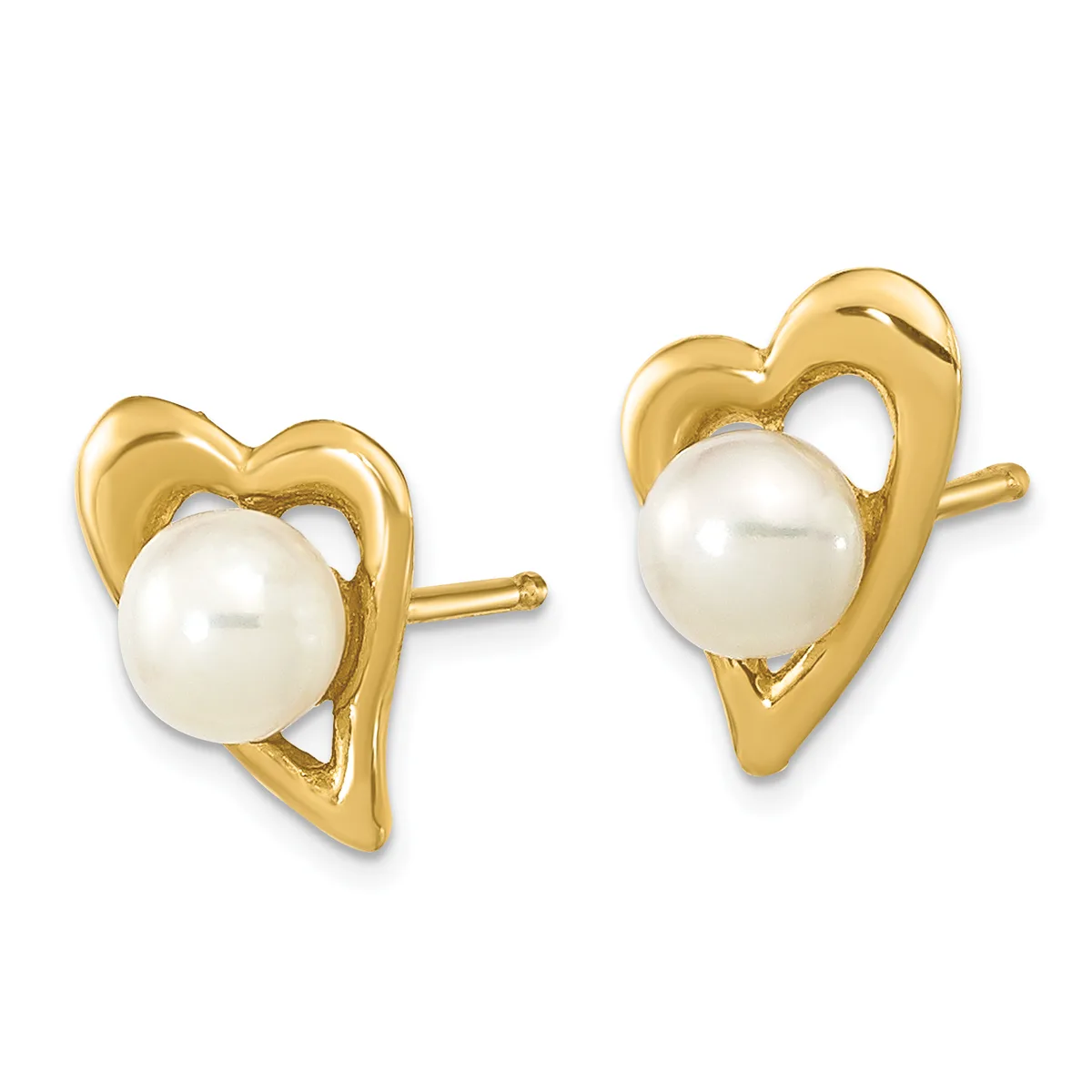 A pair of gold heart-shaped stud earrings, each featuring a white pearl set in the center, displayed against a white background.