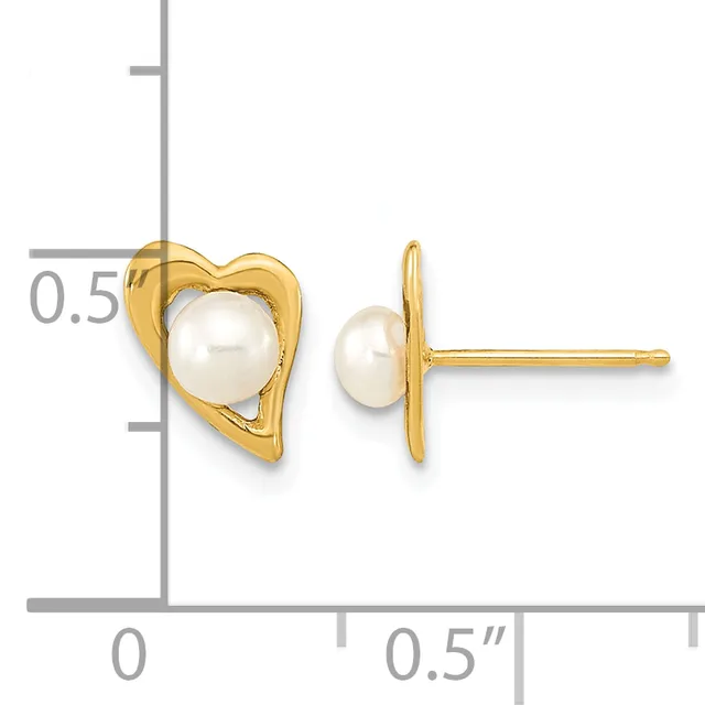 Pair of gold-toned heart-shaped stud earrings, each featuring a cream-colored pearl at the center, shown against a measurement scale.