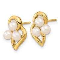 Pair of gold stud earrings featuring three white pearls arranged in a cluster, each set within a polished gold curved frame.