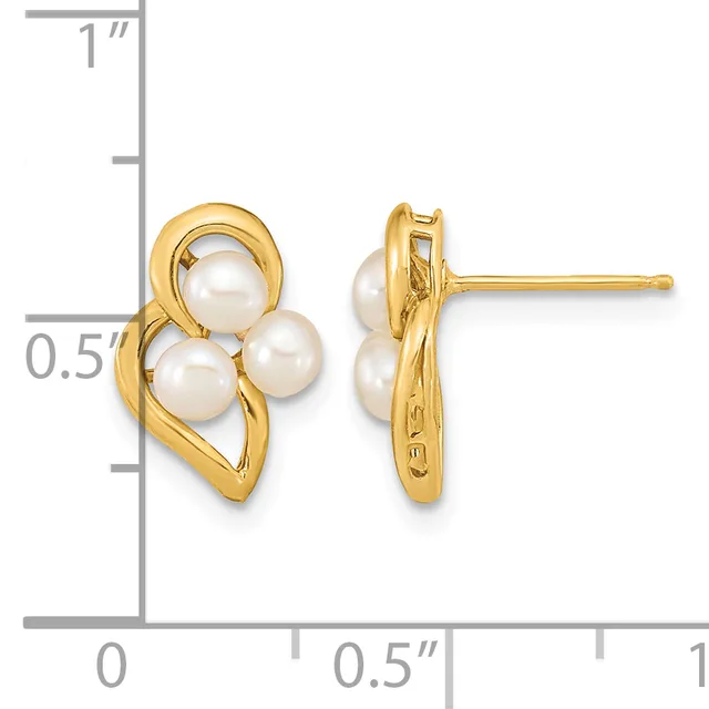 Pair of gold-toned stud earrings featuring three small white pearls arranged in a curved, leaf-like setting, shown with measurement scale.