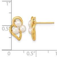 Pair of gold-toned stud earrings featuring three small white pearls arranged in a curved, leaf-like setting, shown with measurement scale.