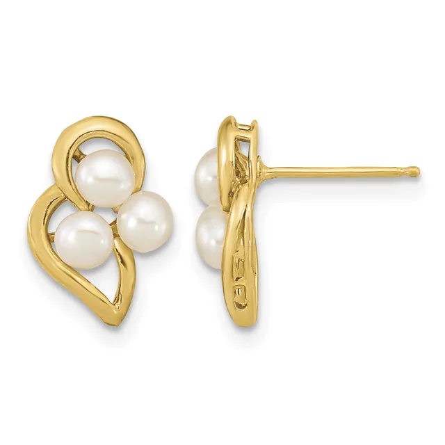 Pair of gold stud earrings with three white pearls arranged in a clustered design, shown from front and side views.