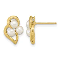 Pair of gold stud earrings with three white pearls arranged in a clustered design, shown from front and side views.