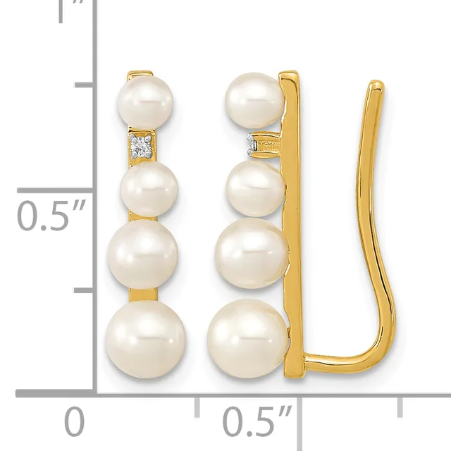 Gold earrings with four graduated white pearls stacked vertically on each earring, connected by gold spacers with a small diamond accent, shown next to a measurement scale.
