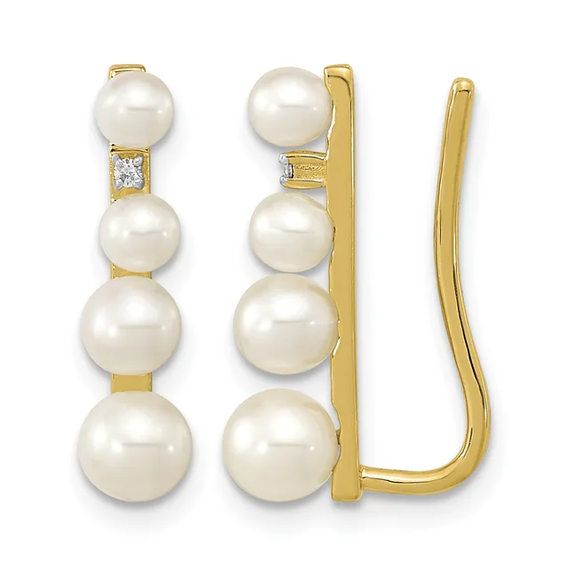 Gold earrings with four graduating white pearls stacked vertically and connected by gold bars, with a small diamond accent near the top.