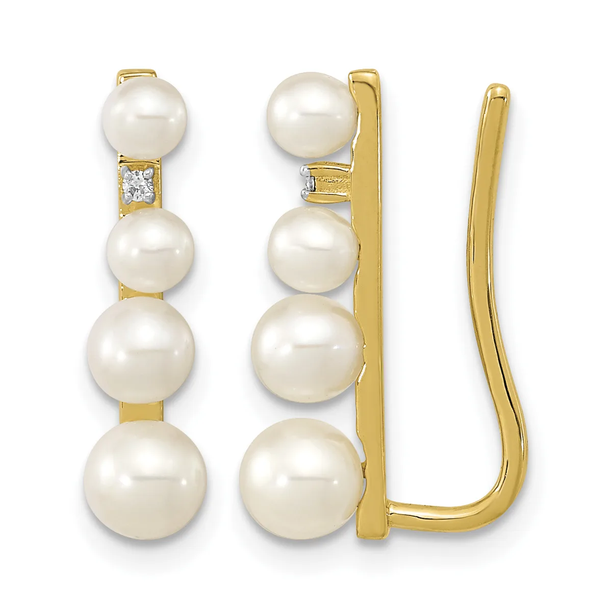 Gold earrings with four graduating white pearls stacked vertically and connected by gold bars, with a small diamond accent near the top.