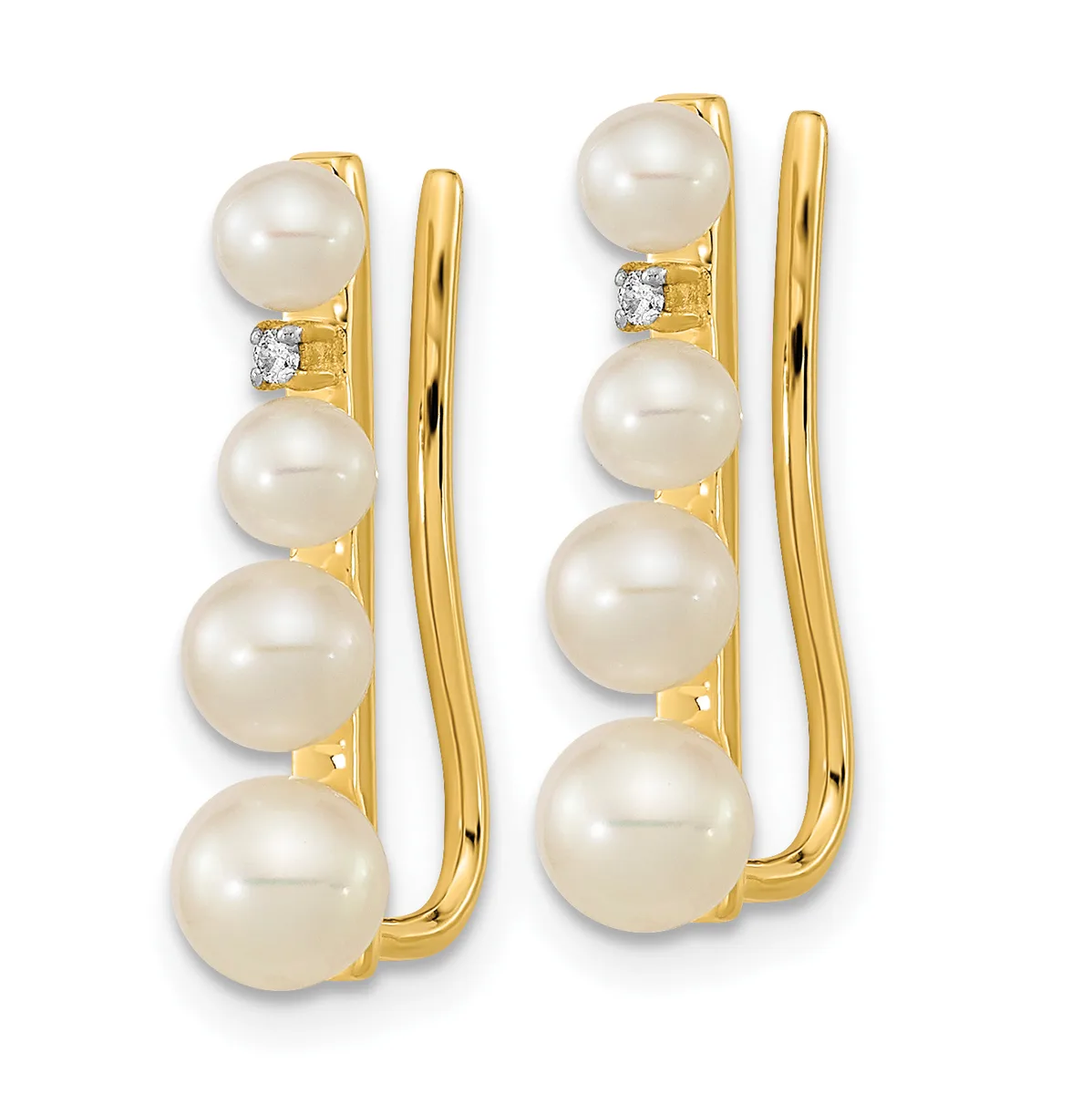 Pair of gold earrings with four cream-colored pearls graduated in size down each earring and small diamond accents, shown from the front.
