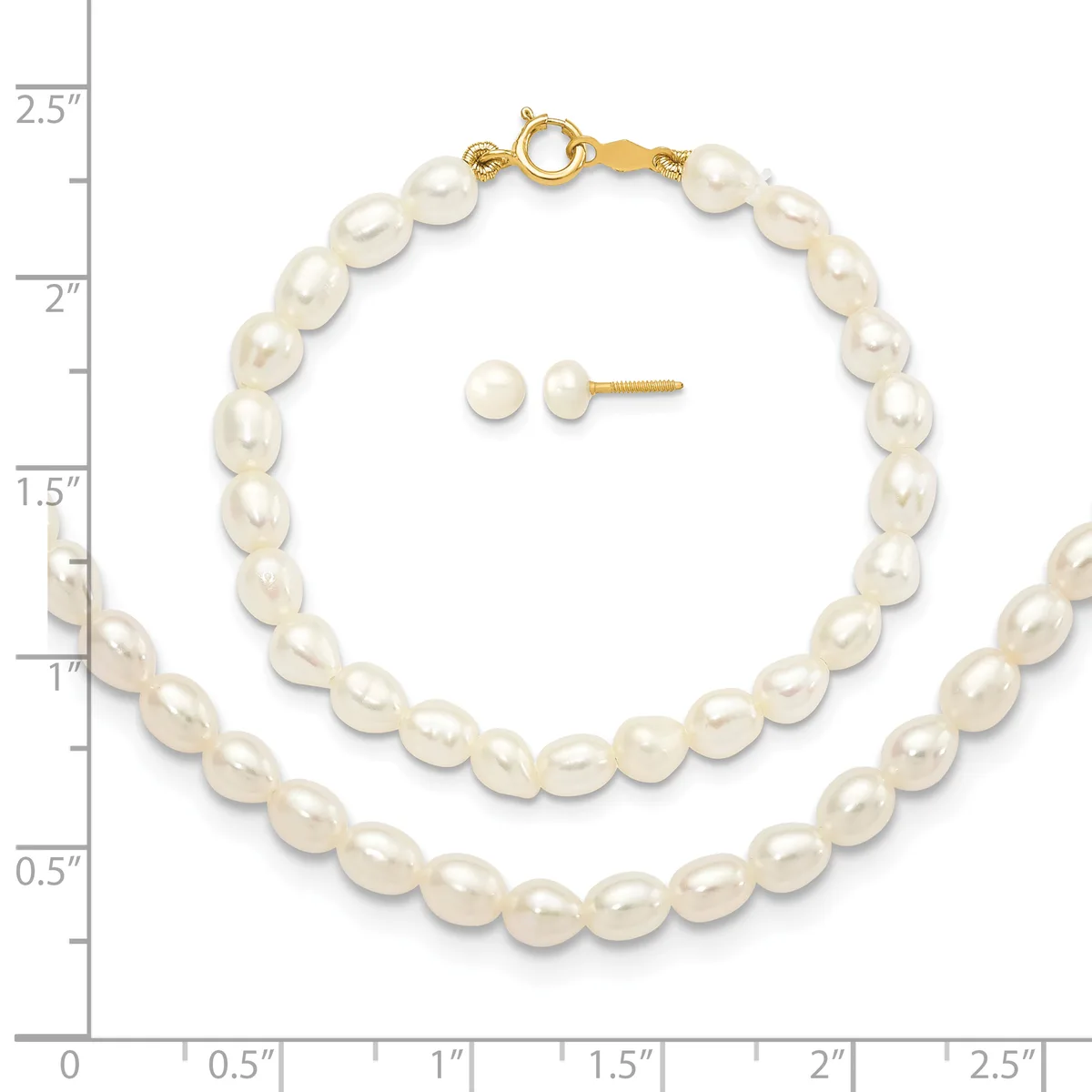 A white pearl bracelet with a gold clasp and matching white pearl stud earrings displayed next to a ruler showing scale.