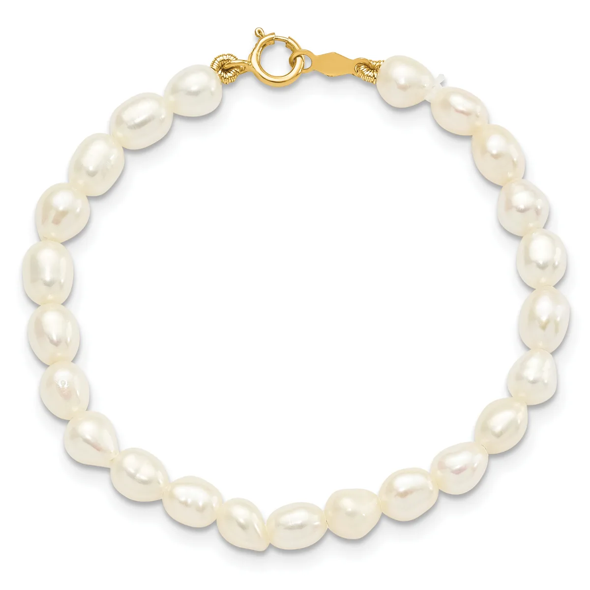White pearl bracelet with gold-tone clasp and spacer beads, displayed on white background.