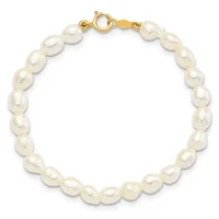 White pearl bracelet with gold-tone clasp and spacer beads, displayed on white background.