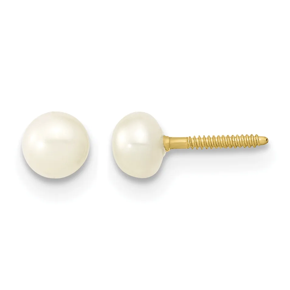 A pair of white pearl stud earrings with gold-colored posts and threaded backs, shown from front and side views.