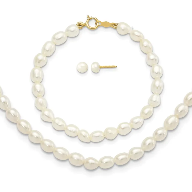 A gold-clasp bracelet and matching stud earrings made of white pearl beads arranged in a row.