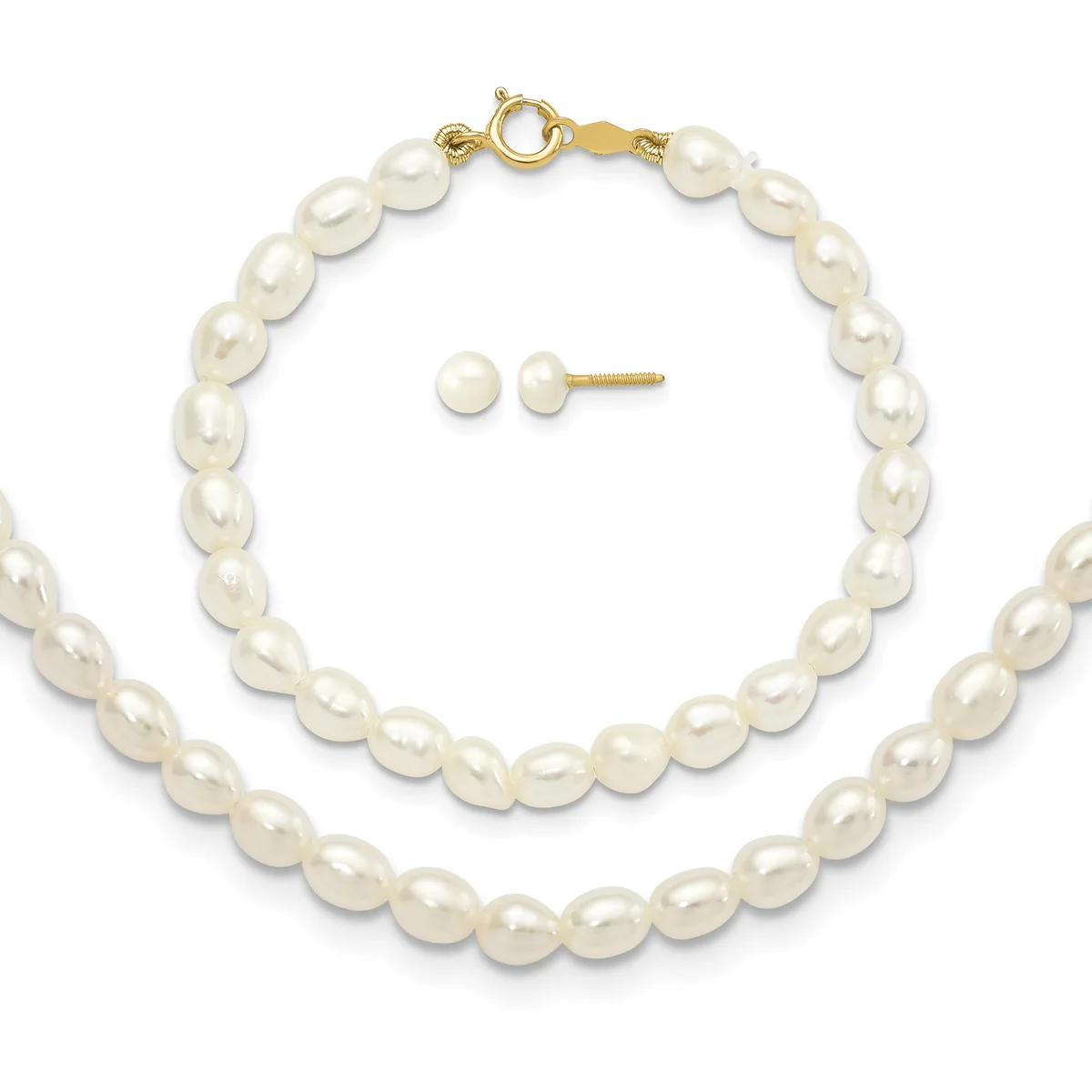 A gold-clasp bracelet and matching stud earrings made of white pearl beads arranged in a row.