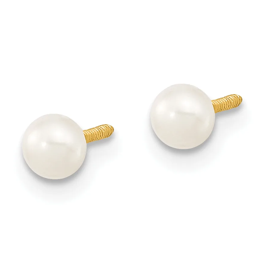 A pair of white pearl stud earrings with textured gold posts, shown from a front angle against a white background.