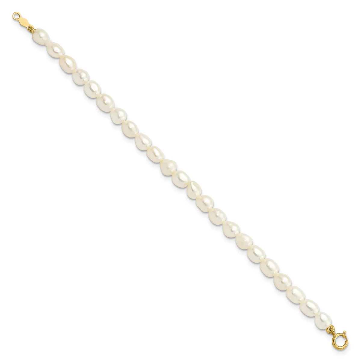 A gold-toned bracelet with round white pearl beads connected in a line, featuring small gold spacers between each pearl and gold loop clasps at both ends.