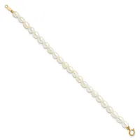 A gold-toned bracelet with round white pearl beads connected in a line, featuring small gold spacers between each pearl and gold loop clasps at both ends.