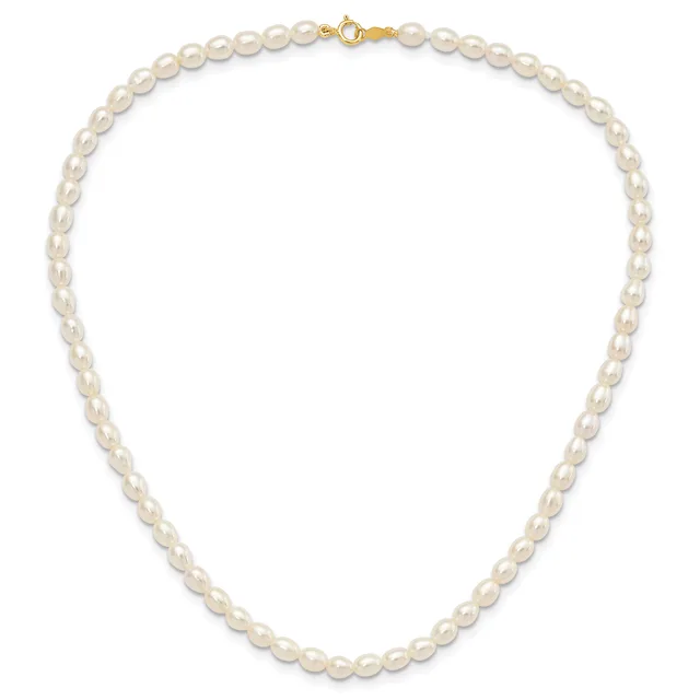 A string of white pearl beads with a gold-toned clasp, displayed as a single strand necklace against a white background.
