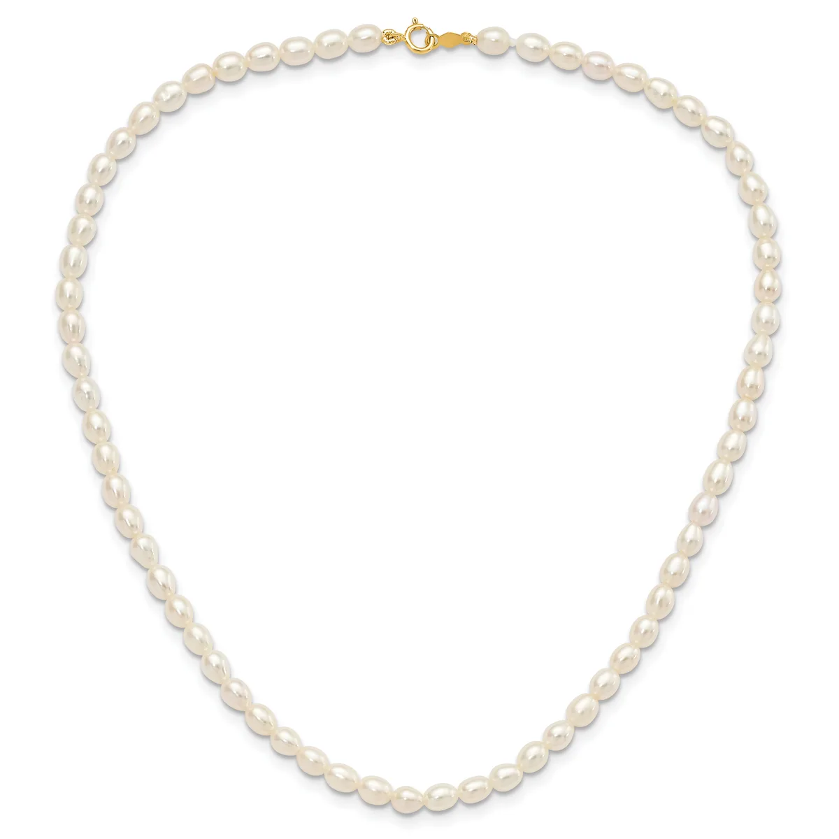 A string of white pearl beads with a gold-toned clasp, displayed as a single strand necklace against a white background.
