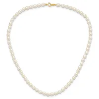 A string of white pearl beads with a gold-toned clasp, displayed as a single strand necklace against a white background.