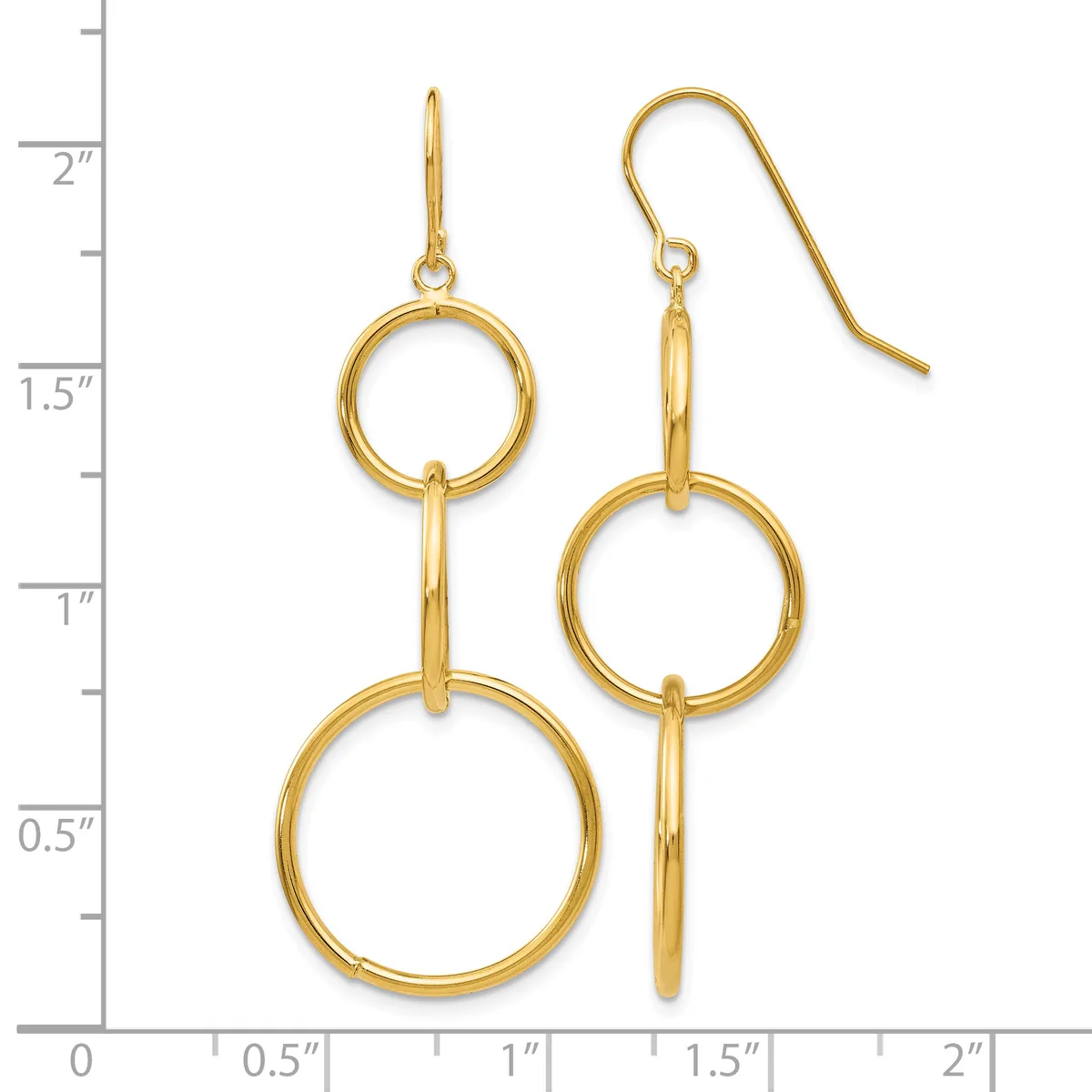 Gold-toned dangle earrings with two stacked circular rings connected by a bar, displayed against a measurement scale showing approximately two inches in length.