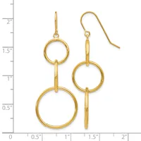 Gold-toned dangle earrings with two stacked circular rings connected by a bar, displayed against a measurement scale showing approximately two inches in length.