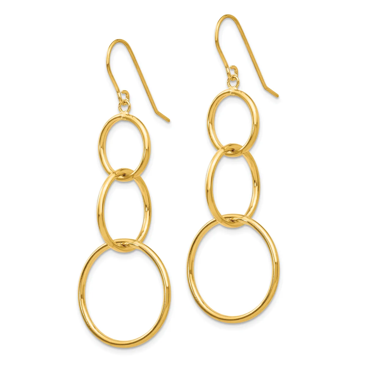 Gold-toned dangle earrings with three graduated oval rings linked together, suspended from curved ear wires.