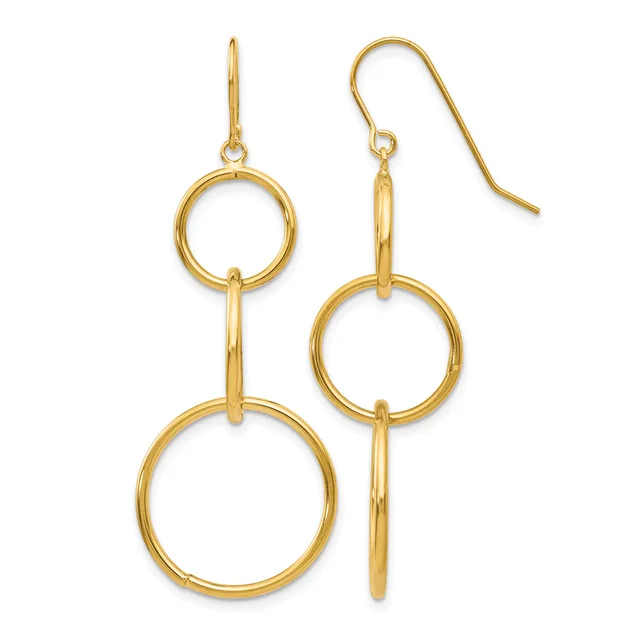 Pair of gold-colored dangle earrings with two connected circular rings of decreasing size, suspended from fish hook ear wires.