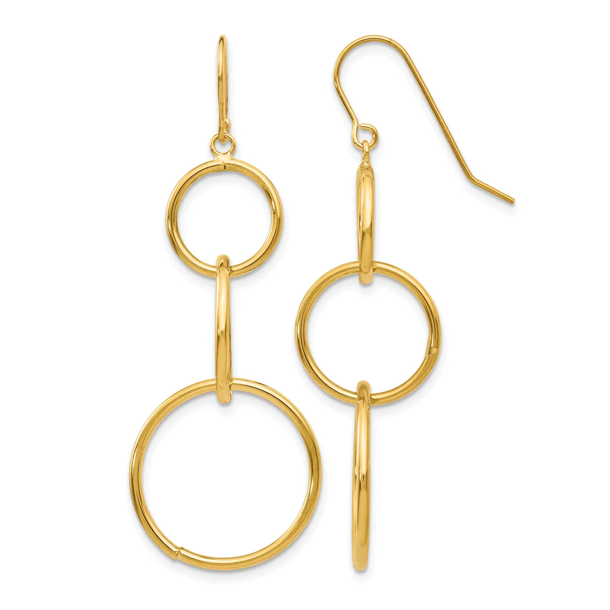 Pair of gold-colored dangle earrings with two connected circular rings of decreasing size, suspended from fish hook ear wires.