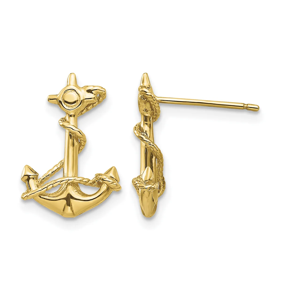 Pair of gold anchor-shaped stud earrings with rope detailing, shown from front and side views.