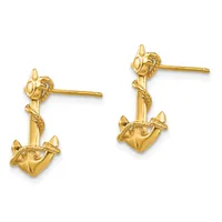 Pair of gold anchor-shaped drop earrings with twisted rope detailing, shown from the front against a white background.