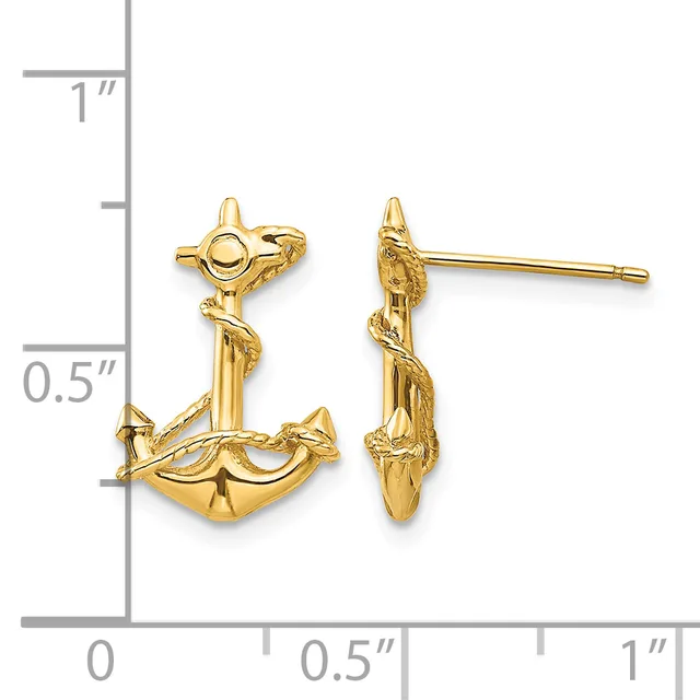 Pair of gold-colored anchor-shaped stud earrings with rope-wrapped designs, shown front and side view next to a ruler measuring approximately 0.75 inches tall.