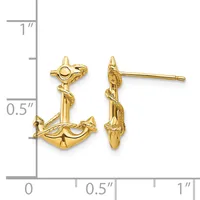 Pair of gold-colored anchor-shaped stud earrings with rope-wrapped designs, shown front and side view next to a ruler measuring approximately 0.75 inches tall.