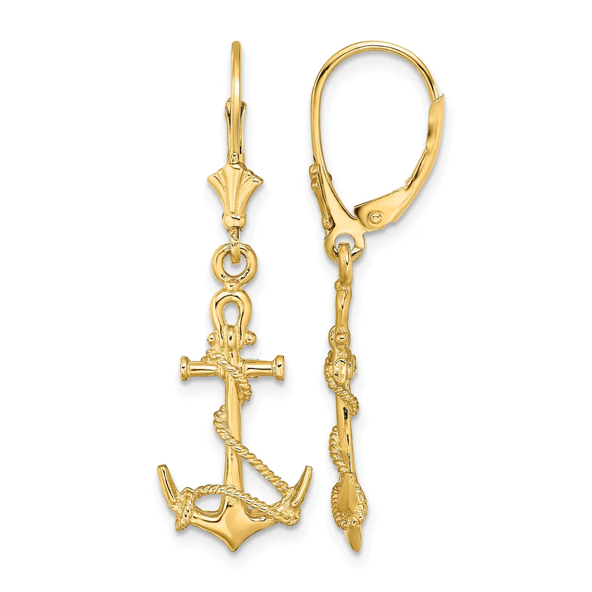 Pair of gold-tone lever-back earrings with anchor and rope motif charms, shown front and side views.