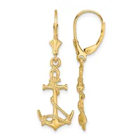 Pair of gold-tone lever-back earrings with anchor and rope motif charms, shown front and side views.