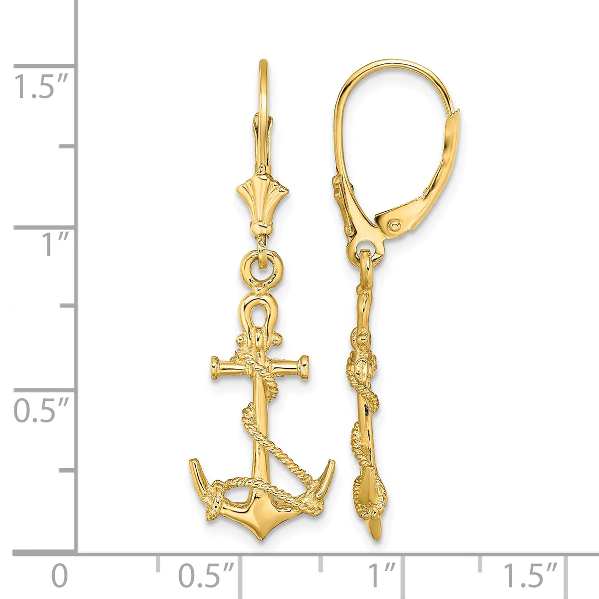 Gold-toned lever-back earrings featuring an anchor with a cross above it, displayed against a measurement scale showing approximately 1.25 inches in length.