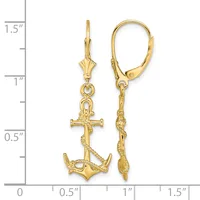 Gold-toned lever-back earrings featuring an anchor with a cross above it, displayed against a measurement scale showing approximately 1.25 inches in length.