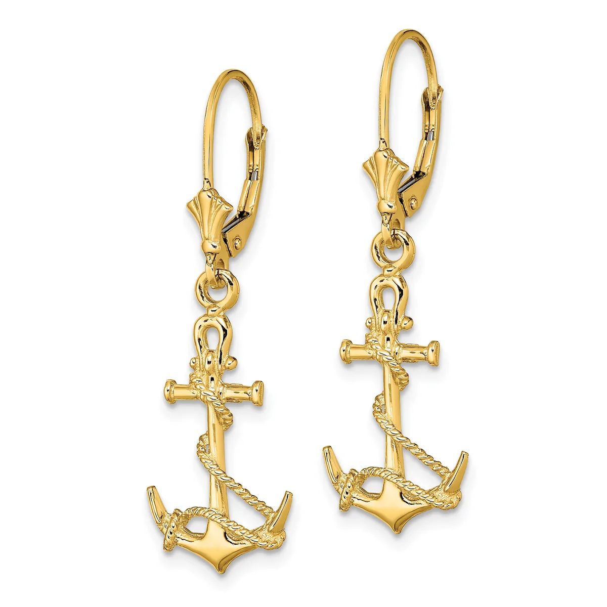Pair of gold-toned lever-back earrings each featuring a cross suspended above an anchor with rope detailing.