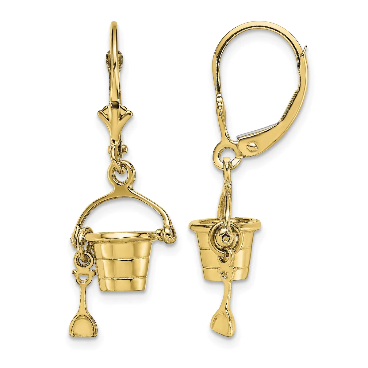 Pair of gold-toned lever-back earrings featuring small bucket charms with attached shovel pendants, shown from front and back views.
