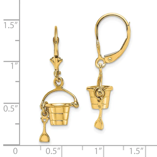 Gold-toned leverback earrings featuring small bucket charms with handle details and matching semicircular tops, displayed next to a measurement scale.