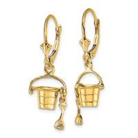 Pair of gold-toned lever-back earrings featuring small bucket charms with handles and matching shovel-shaped drops suspended below.