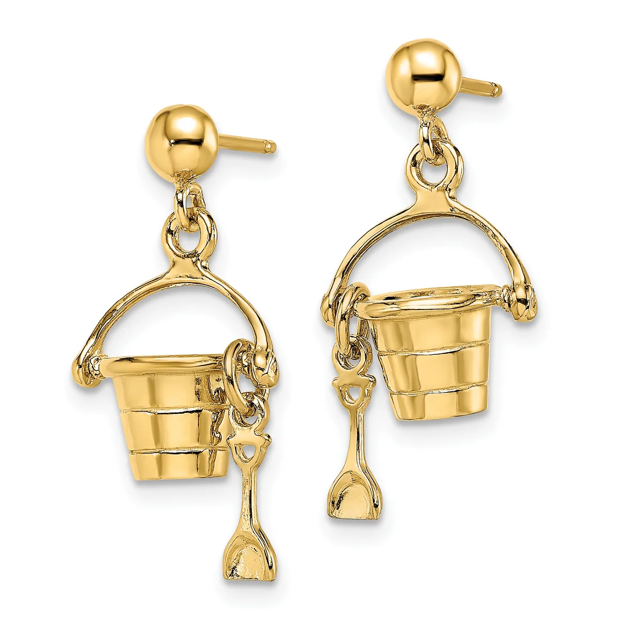 Pair of gold dangle earrings featuring bucket and spade charms suspended from ball studs.