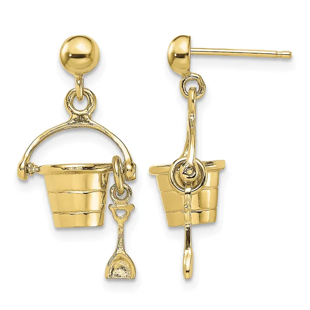 Pair of gold dangle earrings featuring small spheres at top with bucket-shaped charms suspended below, each with a shovel charm hanging from the bucket.