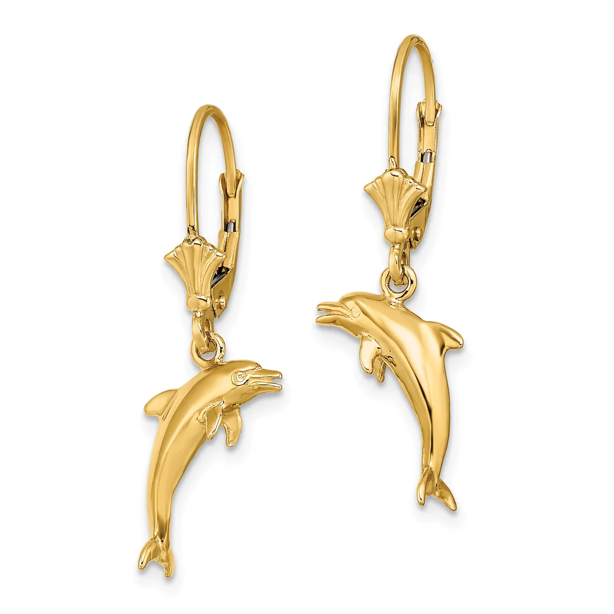 Pair of gold dolphin drop earrings with lever-back closures shown from the front against a white background.