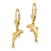 Pair of gold dolphin drop earrings with lever-back closures shown from the front against a white background.