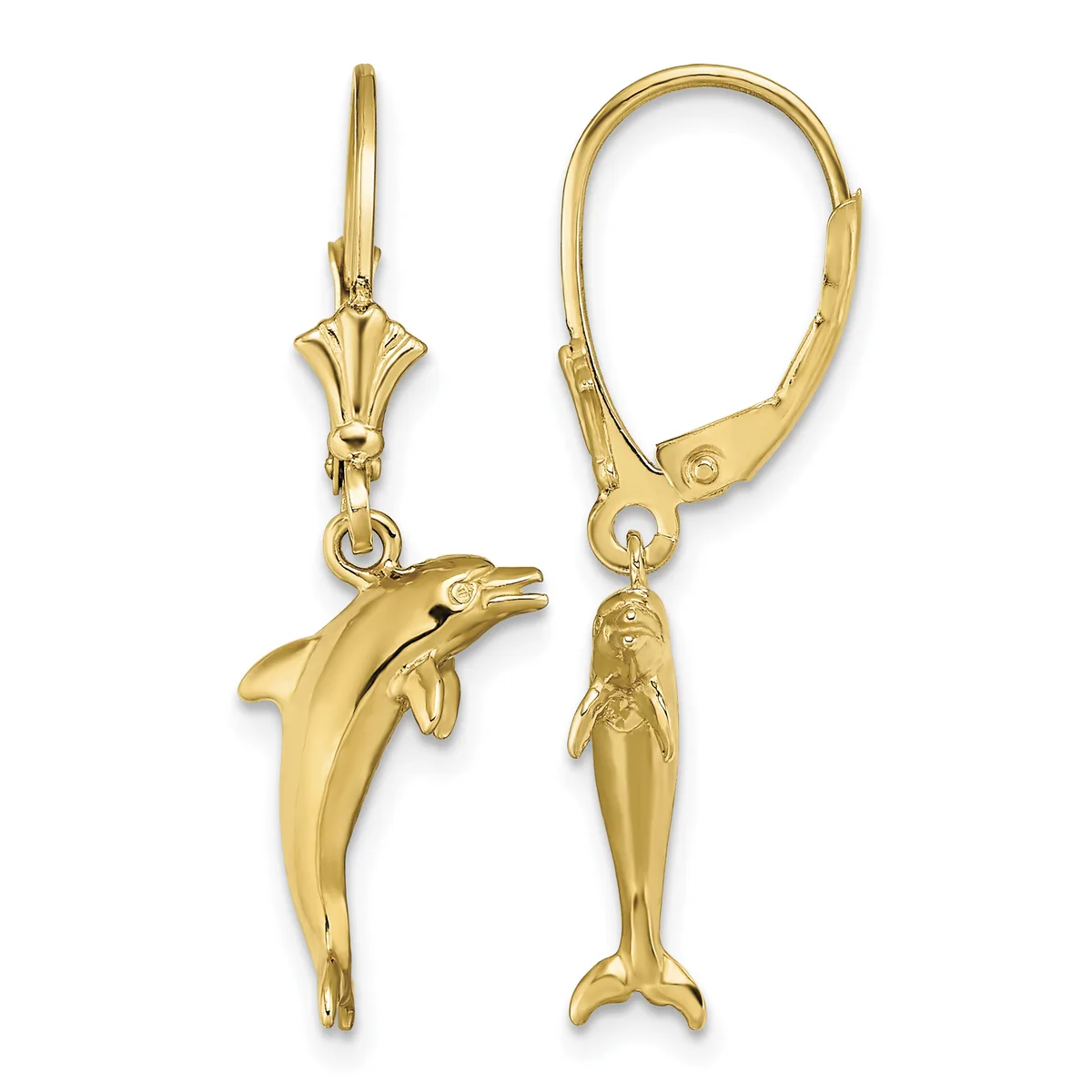 A pair of gold-toned lever-back earrings, each featuring a dangling mermaid charm on the left and a dolphin charm on the right.