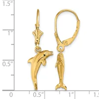 Gold dolphin and mermaid charm earrings with lever backs, displayed next to a measurement ruler showing approximately one inch in length.